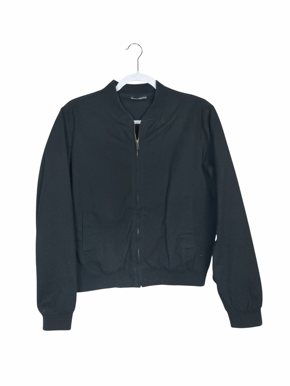 Brandy Melville Black Zip Front Bomber Jacket Ribbed Trim Pockets